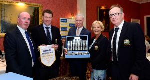At the Allianz Irish Times Officers’ Challenge presentation to victorious Galway Bay Golf Club  were, from left, Philip Reid, Irish Times Sports; Donal Devery, Captain of Galway Bay; Peter Kilcullen, Sales Director at Allianz; Eileen Clasby, Galway Bay  Ladies Captain; and Mark Gantly, Galway Bay  President. Photograph: Cyril Byrne/The Irish Times