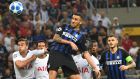  Inter Milan’s  Matias Vecino heads home the winning goal during the Champions League Group B encounter against Tottenham Hotspur at the San Siro. Photograph: Daniel Dal Zennaro/EPA