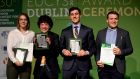 EU  Contest for Young Scientists winners: Anna and Adrian Fleck (both from Germany), Brendan Matusch from Canada and Nicolas Fedrigo also from Canada. Photograph: Cyril Byrne