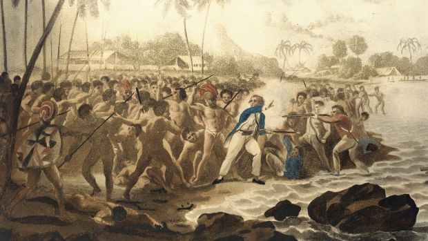 A painting by John Cleveley depicts the death of Captain Cook in Hawaii in 1779. Photograph: Christie’s Images Ltd