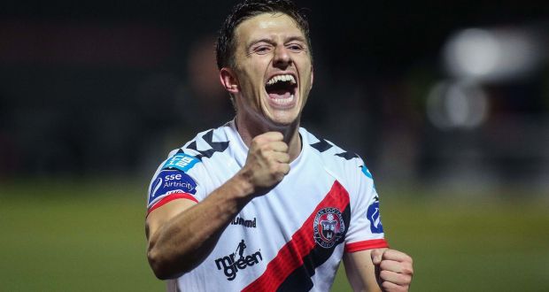 Bohemians’ Keith Buckley celebrates at the end of the FAI Cup quarter-final against Derry City at the Brandywell.  Photograph: Lorcan Doherty/Inpho  