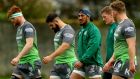 Seán O’Brien, Peter McCabe, Bundee Aki and Eoin Griffin at a Connacht squad training sesion at Sportsground, Galway. Photograph: James Crombie/Inpho