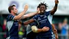 Connacht’s Niyi Adeolokun celebrates scoring a late try in the Guinness Pro 14 game against Scarlets at the Sportsground in Galway. Photograph:  James Crombie/Inpho