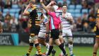 Leicester Tigers’ Will Spencer  is shown the red card by referee Ian Tempest   earlier this month at The Ricoh Arena, Coventry. Photograph: PA