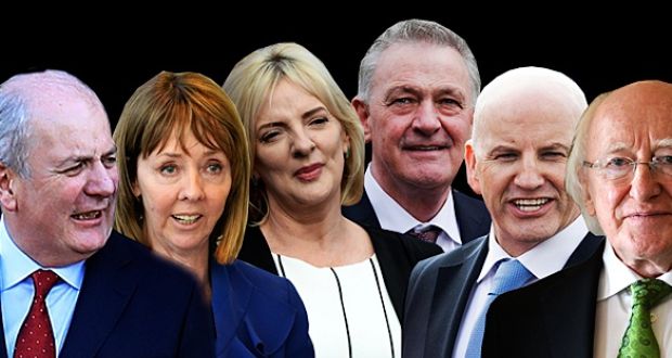 The candidates: Gavin Duffy, Joan Freeman, Liadh Ní Riada, Peter Casey, Sean Gallagher and President Michael D Higgins