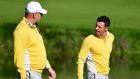  Rory McIlroy and his Team Europe captain Thomas Bjorn during practice at Le Golf National. Photograph: Stuart Franklin/Getty Images