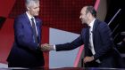 French prime minister Edouard Philippe (R) shakes hands with French right-wing Les Republicains  party president Laurent Wauquiez, ahead of the debate on  Thursday. Photograph: Geoffroy Van Der Hasselt