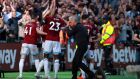 Manchester United manager Jose Mourinho reacts after West Ham United’s Marko Arnautovic celebrates scoring his side’s third goal in the Premier League at  London Stadium.  Photograph: Ian Walton/PA Wire