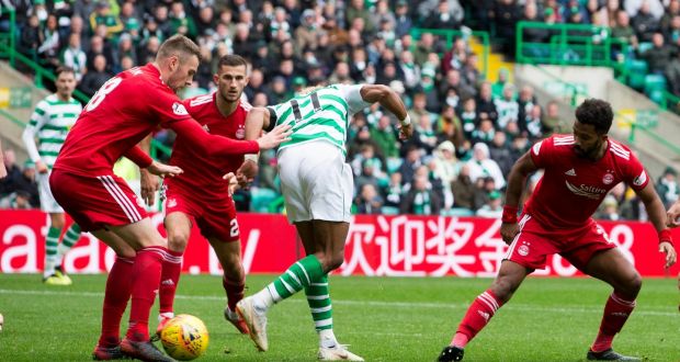 Celtic’s Scott Sinclair back-heels home their goal during the  Scottish Premiership match at Celtic Park. Photograph:  Jeff Holmes/PA Wire