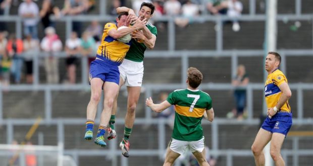 Kerry’s Anthony Maher challenges Clare’s Cathal O’Connor during the Munster SFC semi-final at Fitzgerald Stadium in June. Photograph: Laszlo Geczo/Inpho