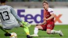 Emile Smith-Rowe of Arsenal scores his team’s second goal during the  Europa League Group E match against  Qarabag  in Baku, Azerbaijan. Photograph: Francois Nel/Getty Images