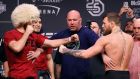 Conor McGregor and Khabib Nurmagomedov face off during a ceremonial weigh-in for UFC 229, in Las Vegas, Nevada, US. Photograph: AP Photo/John Locher