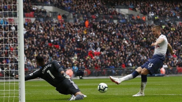 Eric Dier scores for Tottenham Hotspur during the Premier League match at Cardiff City at Wembley Stadium. Photograph: Adrian Dennis/AFP
