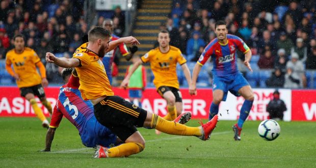 Matt Doherty scores for  Wolverhampton Wanderers in their Premier League game against Crystal Palace at Selhurst Park. Photograph: John Sibley/Action Images via Reuters