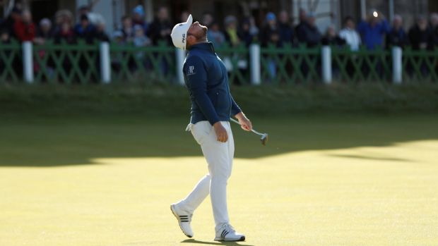 England’s Tyrrell Hatton reacts during the third round of the Alfred Dunhill Links Championship at St Andrews. Photograph: Lee Smith/Action Images via Reuters/