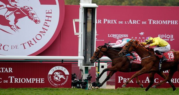 Franke Dettori riding rides Enable to victory ahead of James Doyle on Sea of Class. Photograph: Francois Mori/AP
