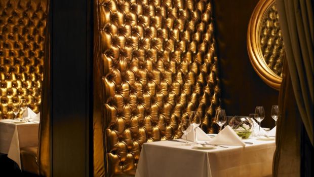Saddle Room: the gold-lamé button-back upholstered booths chime with the Shelbourne restaurant’s cappuccino carpets and walnut browns