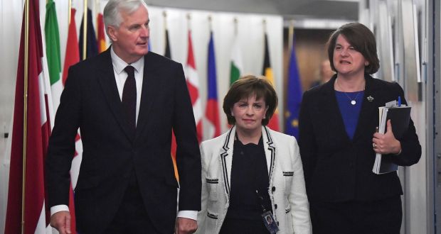 EU chief Brexit negotiator Michel Barnier  with DUP leader Arlene Foster (right), and DUP MEP Diane Dodds  at the European Commission in Brussels. Photograph: Emmanuel Dunand/ via AP
