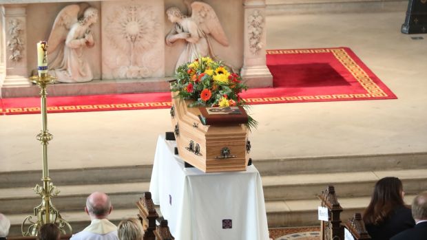 A casket bearing the remains of Emma Mhic Mhathuna during her funeral Mass at thePro-Cathedral in Dublin on Wednesday. Photograph: Niall Carson/PA Wire