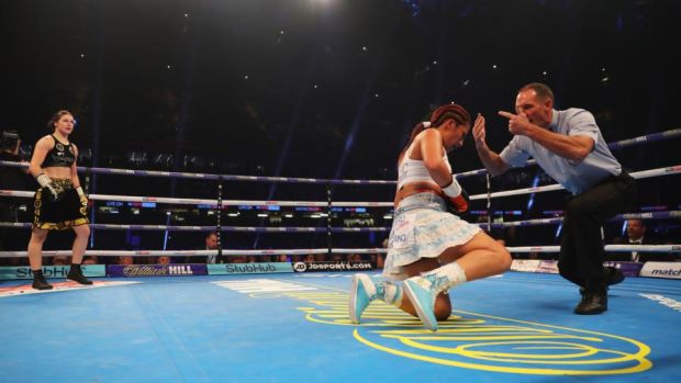 Katie Taylor looks on as Anahi Sanchez is given a count during their WBA Lightweight World Championship contest in Cardiff in 2017. Photograph: Richard Heathcote/Getty