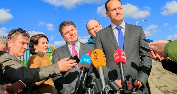 Minister for Finance Paschal Donohoe and  Taoiseach Leo Varadkar TD during a visit to the O’Devaney Gardens project in Dublin 7 on Monday. Photograph: Gareth Chaney Collins