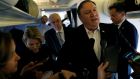 US secretary of state Mike Pompeo speaks to reporters while his plane refuels in Brussels on Wednesday. Photograph: Leah Millis/Reuters
