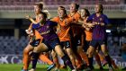  Barcelona and Glasgow City players battle at a corner during the Champions League last 16 tie at the Mini Estada, Barcelona. Photograph: David Ramos/Getty Images.