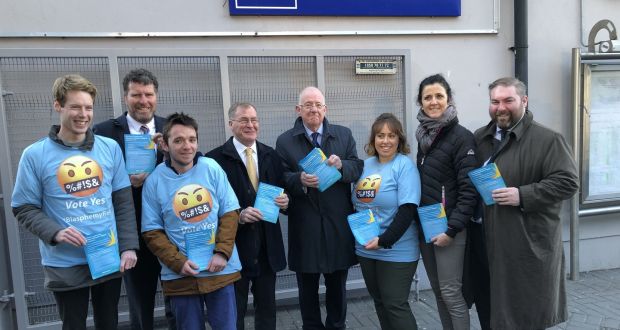 Fine Gael blasphemy referendum canvass at Tara Street Dart station, with YFG members (t-shirts), and (left to right) Sen Anthony Lawlor, Sen Colm Burke, Minister Charlie Flanagan, Sen Michelle Mulherin, and Cllr Barry Ward. Source: Jack Power/The Irish Times 