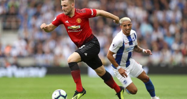 Luke Shaw in action against Brighton and Hove Albion  in August.  Shaw’s form has been one of the few positives for United this season. Photograph: Dan Istitene/Getty Image