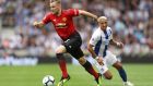 Luke Shaw in action against Brighton and Hove Albion  in August.  Shaw’s form has been one of the few positives for United this season. Photograph: Dan Istitene/Getty Image