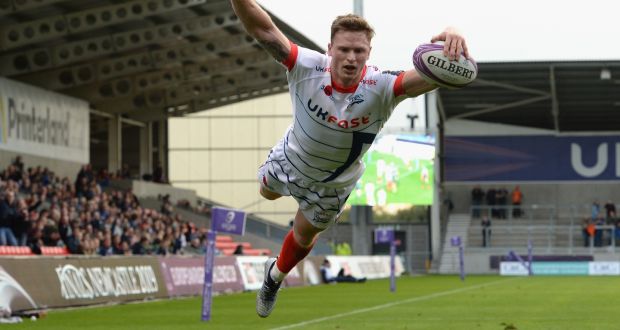  Chris Ashton of Sale Sharks dives in to score his third try of the match during the Challenge Cup match victory over Connacht at AJ Bell Stadium. Photograph: Tony Marshall/Getty 