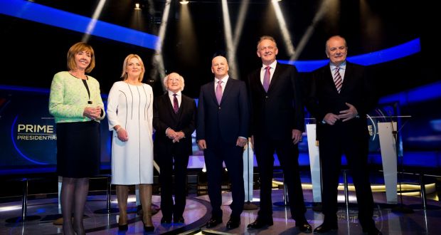 Joan Freeman, Liadh Ní Riada, Michael D Higgins, Seán Gallagher, Peter Casey and Gavin Duffy. Surely some only marginally-compromised elder statesfolk could have been conjured up to give Higgins some proper competition? Photograph: Tom Honan 