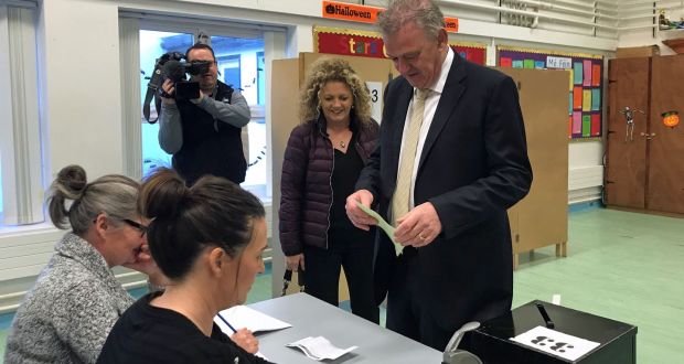 Presidential candidate Peter Casey casts his vote at the polling station in Greencastle National School, Co Donegal. Photograph: Rebecca Black/PA Wire