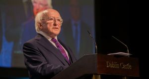  Michael D Higgins gives a speech following the announcement of his re-election as President at Dublin Castle. Photograph: Gareth Chaney Collins