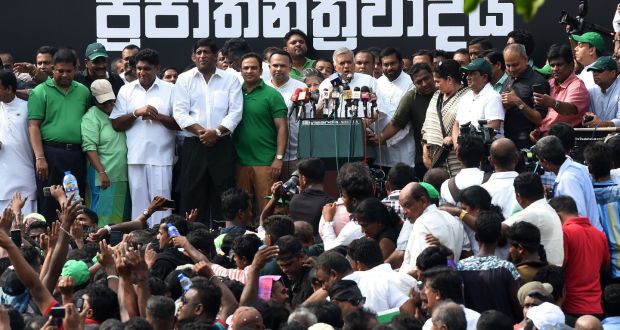 Sri Lanka’s ousted prime minister Ranil Wickremesinghe speaks at a protest against his removal in Colombo. Photograph: Ishara S Kodikara/AFP/Getty