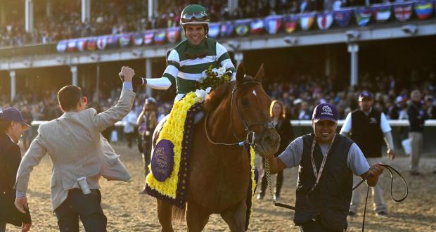 Jockey  Joel Rosario celebrates after riding Accelerate to victory in the Breeders’ Cup Classic at Churchill Downs  in Louisville, Kentucky. Photograph: Bobby Ellis/Getty Images