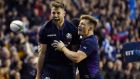 Tommy Seymour of Scotland  celebrates with George Horne after scoring his third try during the autumn international against Fiji  at Murrayfield. Photograph:  Ian Rutherford/PA Wire