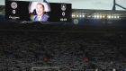 An image of Leicester City’s late Thai chairman Vichai Srivaddhanaprabha is shown on the scoreboard at King Power Stadium. Photograph: Getty Images