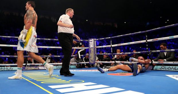 Tony Bellew on the canvas after being knocked out by Oleksandr Usyk in Manchester. Photograph: Richard Heathcote/Getty