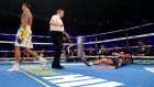 Tony Bellew on the canvas after being knocked out by Oleksandr Usyk in Manchester. Photograph: Richard Heathcote/Getty