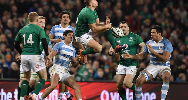  Jordan Larmour fumbles a catch during the international against Argentina  at the Aviva Stadium. Photograph:  Charles McQuillan/Getty Images