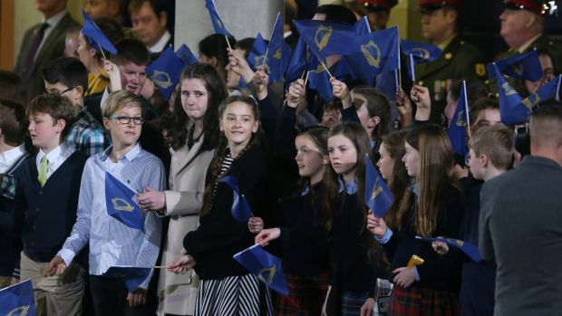 School children prepare to cheer on the Army Band at Dublin Castle, where President Michael D Higgins was inaugurated to his second term as President. Photograph: Colin Keegan/Collins