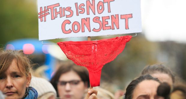 Protesters at the Spire, Dublin, calling for an end to victim-blaming in the courts in response to a barrister’s comment about a 17-year-old woman’s underwear during a rape trial. Photograph: Gareth Chaney, Collins