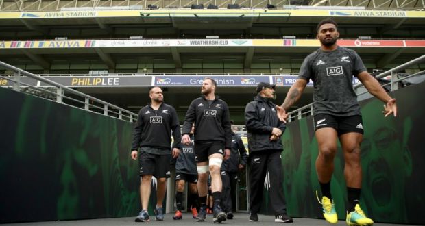   Kieran Read (centre) walks out for the New Zealand captain’s run with Joe Moody  and Waisake Naholo at the Aviva stadium on Friday. Photograph: Phil Walter/Getty Images