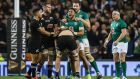  Bundee Aki and Ian Henderson celebrate at the final whistle of the autumn international against New Zealand at the Aviva stadium. Photograph: Gary Carr/Inpho