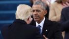Former president Barack Obama congratulates Donald Trump after the latter’s inauguration speech. Photograph: Carlos Barria/Reuters