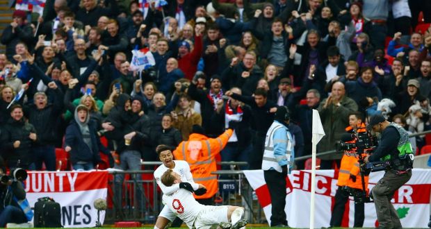 Harry Kane celebrates scorign England’s winner at Wembley with Jesse Lingard. Photograph: David Klein/Reuters