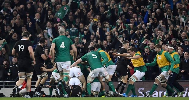 Ireland celebrate as  Jacob Stockdale scores the game’s only try. Photograph: Clodagh Kilcoyne/Reuters 