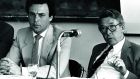 Professor Louden Ryan (right), then chairman of the National Planning Board in 1984 with Dr Peter Bacon, director of the board secretariat. Photograph: Paddy Whelan /The Irish Times .