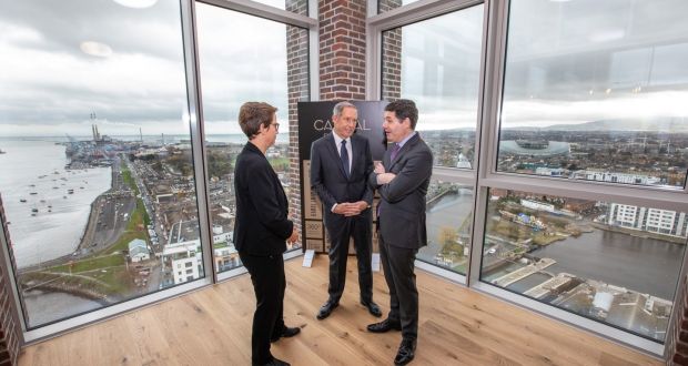  From left: Kennedy Wilson’s Capital Dock   Mary Ricks, the company’s chairman William J. McMorrow and Minister for Finance  Paschal Donohoe   inspect the company’s new Capital Dock scheme.    